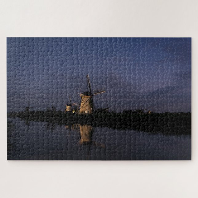 Illuminated windmill at Blue Hour Jigsaw Puzzle (Horizontal)