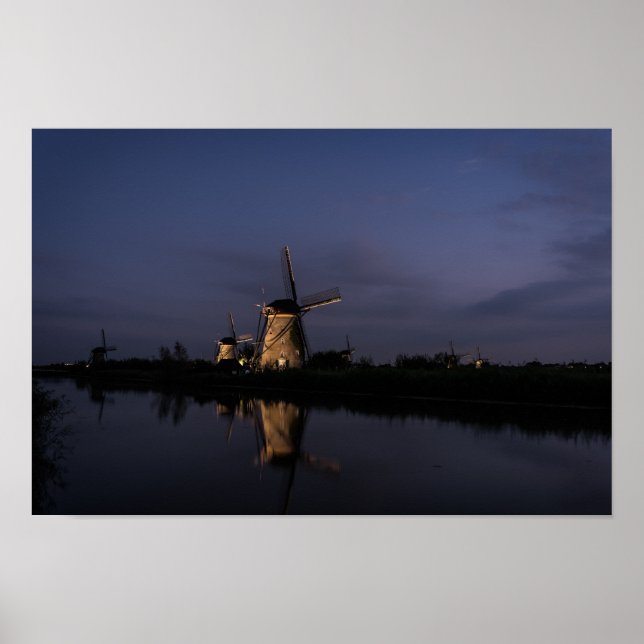 Illuminated windmill at Blue Hour poster (Front)