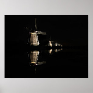 Illuminated windmills, Kinderdijk at night poster