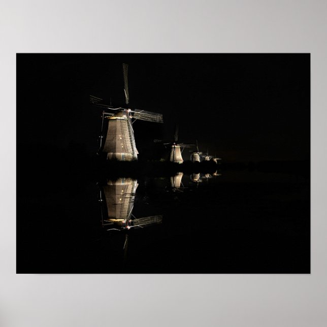 Illuminated windmills, Kinderdijk at night poster (Front)