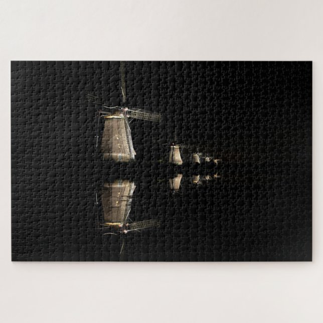 Illuminated windmills with reflection at night jigsaw puzzle (Horizontal)