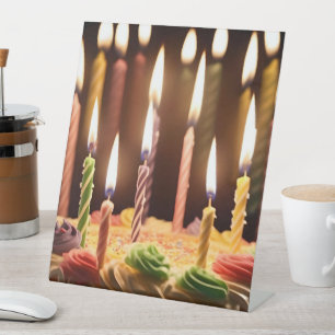 illuminated Wishes: Glowing Candles Bday Cake Pedestal Sign