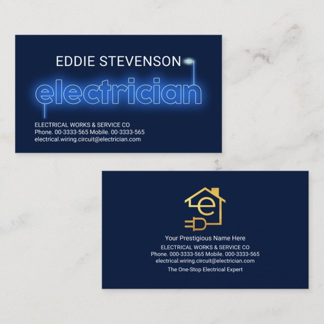 Illuminating Blue Electrician Signage Lighting Business Card (Front/Back)