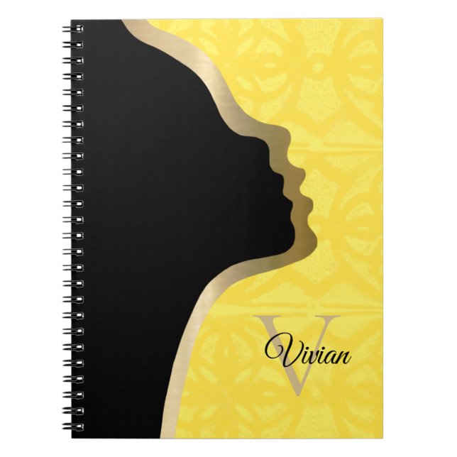 Illuminating Yellow Batik Black And Gold Face Name Notebook (Front)