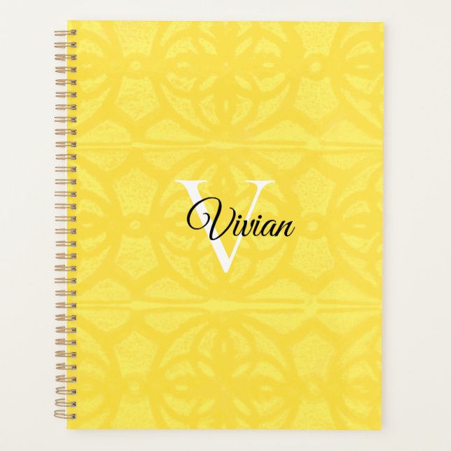 Illuminating Yellow Batik Elegant Monogram Name Planner (Front)