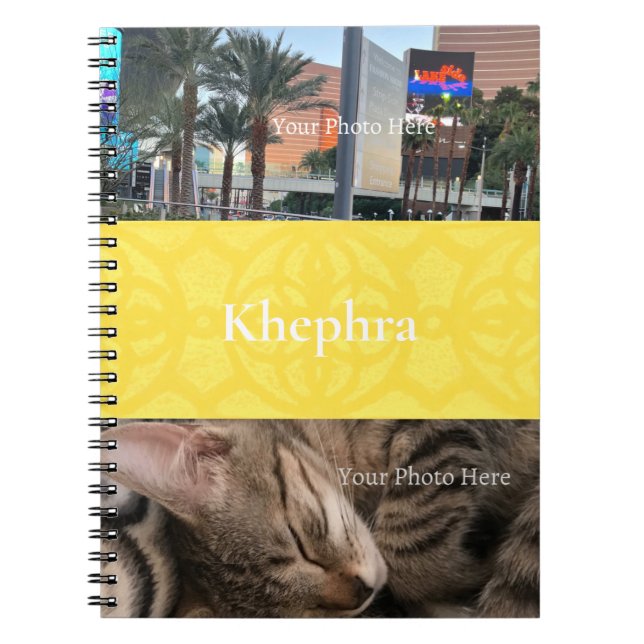 Illuminating Yellow Batik Name and Photo Collage Notebook (Front)