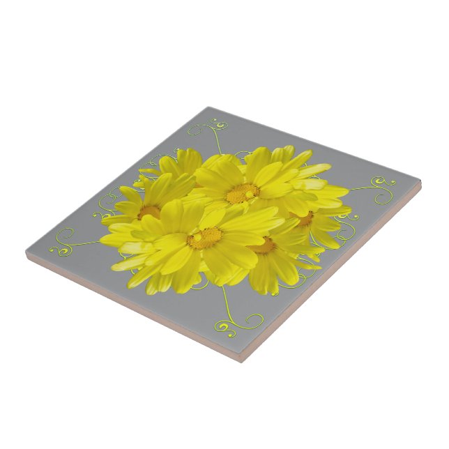Illuminating Yellow Daisy Blossoms Ceramic Tile (Side)