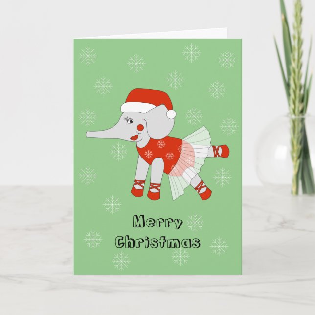 illusima Ballerina Elephant Christmas Snowflakes Holiday Card (Front)