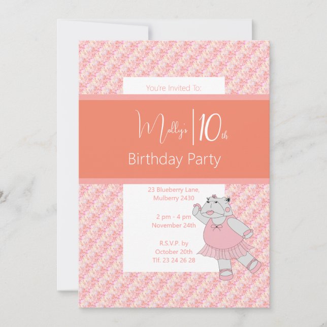 illusima Ballerina Hippo Floral Pink 10th Birthday Invitation (Front)