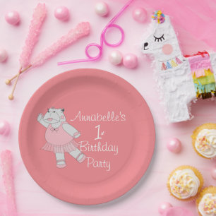 illusima Ballerina Hippo Peach 1st Birthday Paper Plate