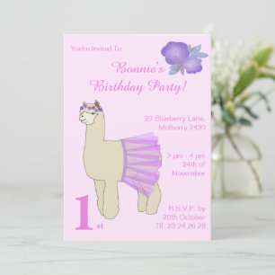 illusima Ballerina Llama Girls Pink Birthday Invitation