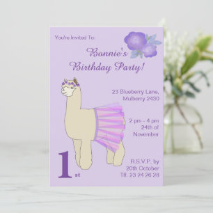 illusima Ballerina Llama Girls Purple Birthday Invitation