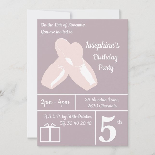 illusima Ballerina Shoes Mauve Birthday Invitation (Front)