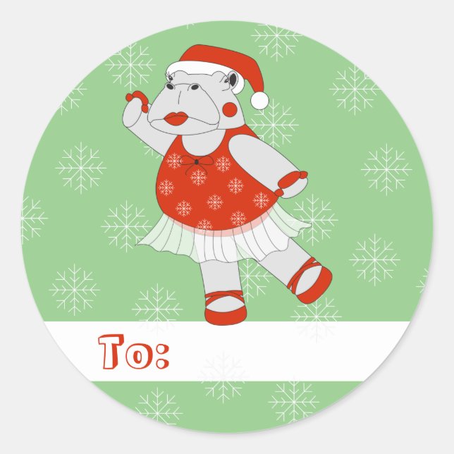 illusima Ballet Hippo Christmas Snowflakes Green Classic Round Sticker (Front)