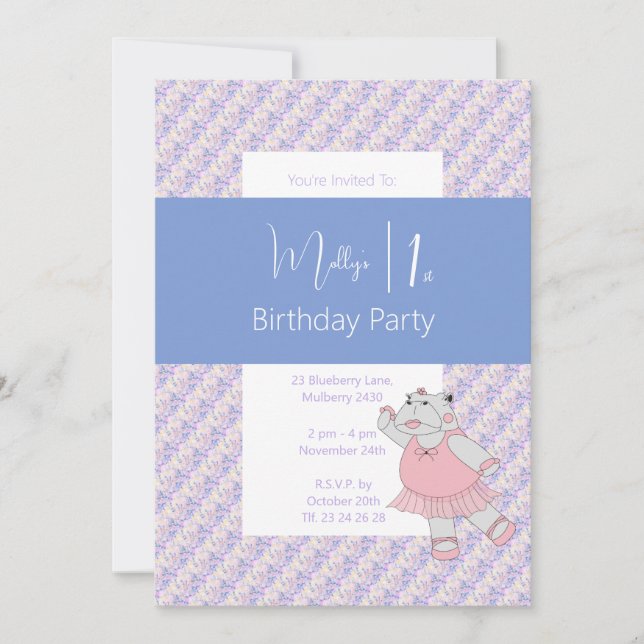 illusima Blue Ballerina Hippo 1st Birthday Invitation (Front)