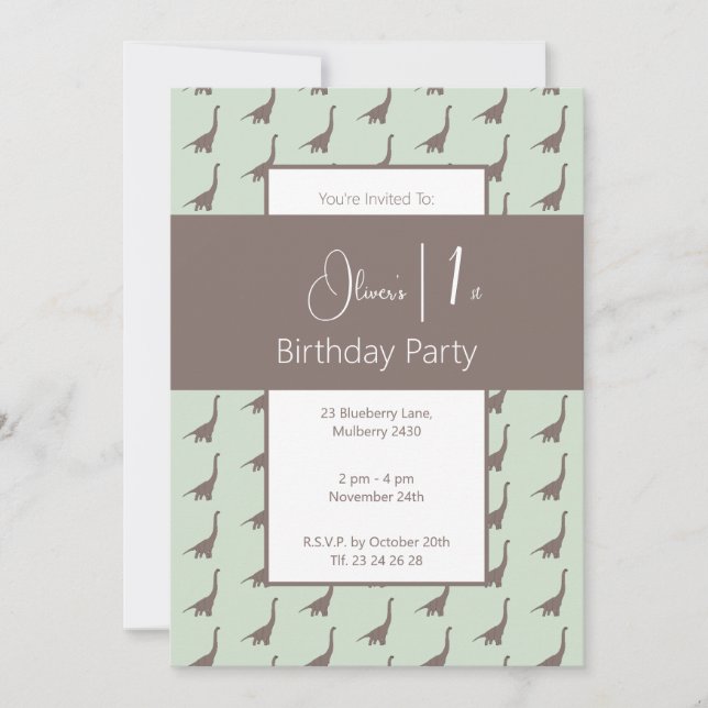 illusima Brown Long Neck Dinosaurs 1st Birthday Invitation (Front)