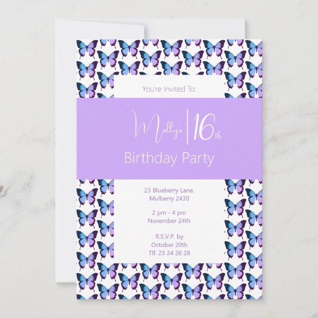illusima Butterfly Pattern Sweet 16 Birthday Invitation (Front)