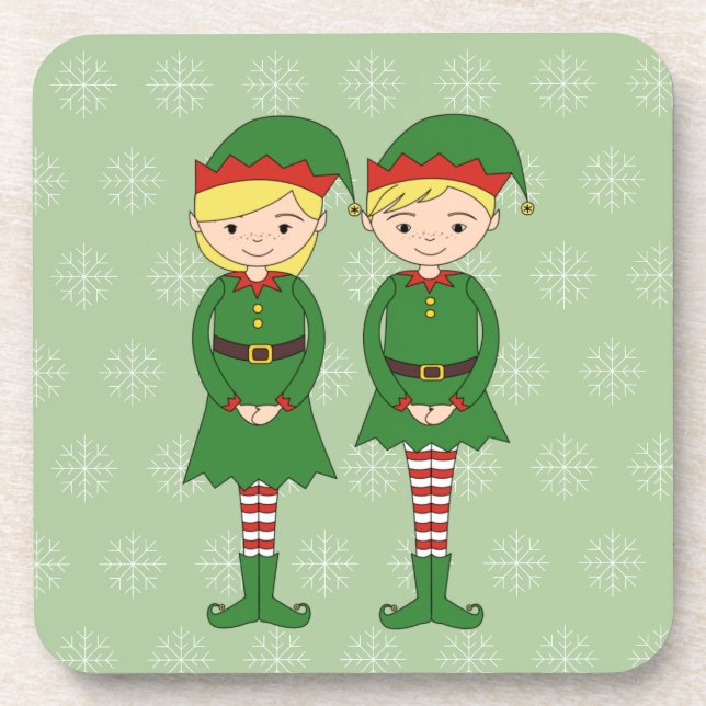 illusima Christmas Elves Snowflakes Green Coaster (Front)