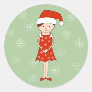 illusima Christmas Hat Girl Snowflakes Green Classic Round Sticker