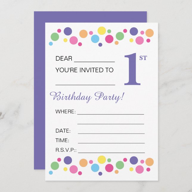 illusima Circles, Purple Back, 1st Birthday Party Invitation (Front/Back)