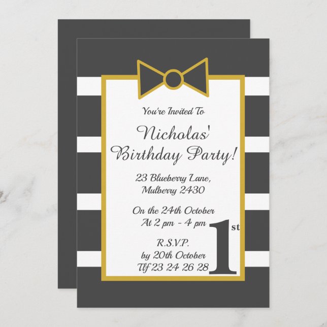 illusima  Grey Gold Stripy Boys Bow Birthday Party Invitation (Front/Back)
