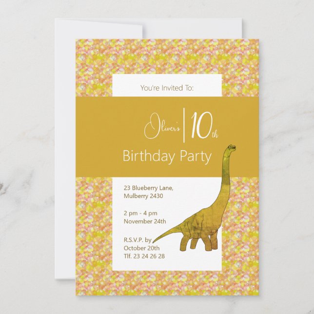 illusima Long Neck Dinosaur Yellow 10th Birthday Invitation (Front)