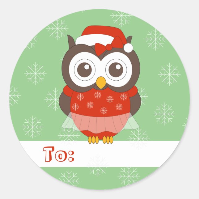 illusima Owl Ballerina Christmas Snowflakes Green Classic Round Sticker (Front)