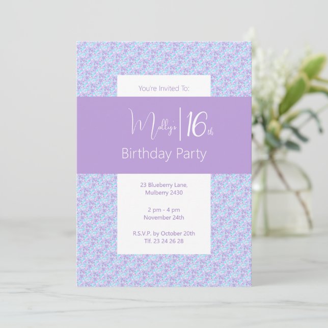 illusima Purple Floral Pattern Teens 16th Birthday Invitation (Standing Front)