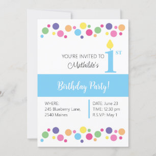 illusima Rainbow Circles, Blue Back, 1st Birthday Invitation