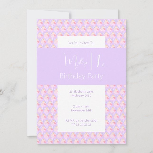 illusima Rainbow Cupcake Purple 1st Birthday Party Invitation (Front)