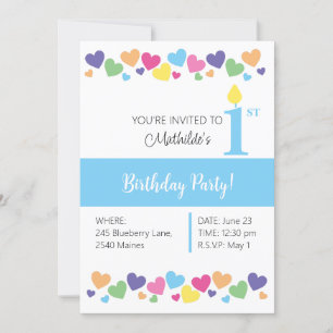 illusima Rainbow Love Hearts, Blue 1st Birthday Invitation