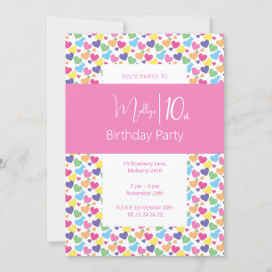 illusima Rainbow Love Hearts Girls 10th Birthday Invitation