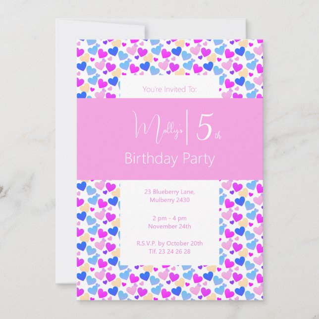 illusima Rainbow Love Hearts Pink 5th Birthday Invitation (Front)