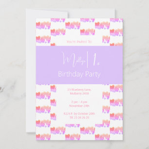 illusima Rainbow Pink Purple Hearts 1st Birthday Invitation