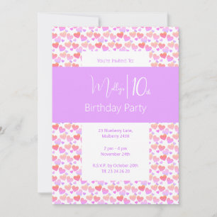 illusima Rainbow Pink Purple Love Hearts Birthday Invitation
