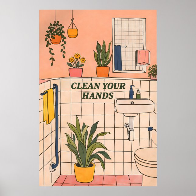 Illustrated Bathroom Print, Modern Funny Home Poster (Front)