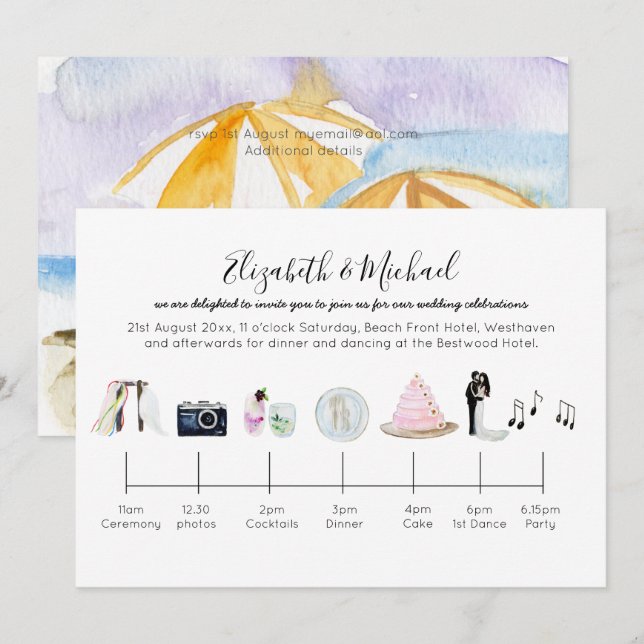 Illustrated Beach Wedding Timeline Invitation (Front/Back)