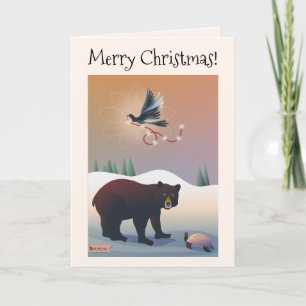 Illustrated bear, magpie, turtle holiday snow card