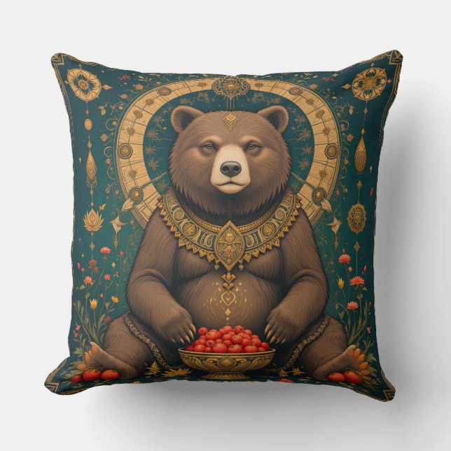 Illustrated Bear with Ornamental Design Cushion (Front)