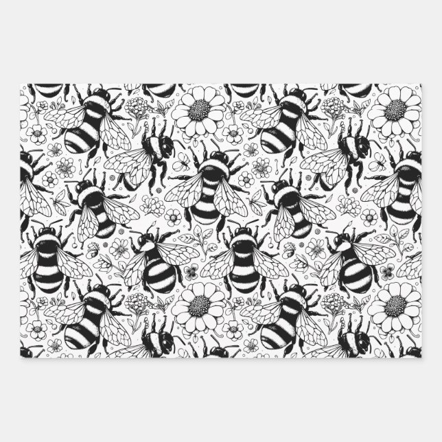 Illustrated Bee Pattern Personalise Colouring Wrapping Paper Sheet (Front)