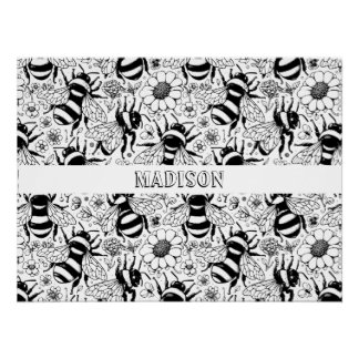 Illustrated Bee Pattern Personalised Colouring Poster