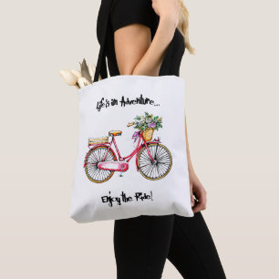 Illustrated bicycle with floral basket tote bag