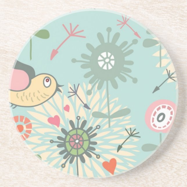 Illustrated Birds and Spring Flowers Coaster (Front)