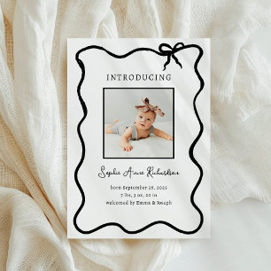 Illustrated Black and White French Bow Baby Birth Announcement
