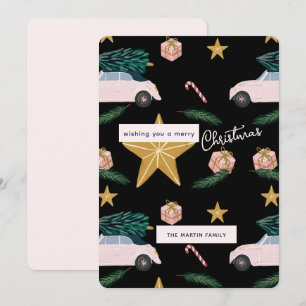 Illustrated Black Pink Christmas Tree Cars Holiday