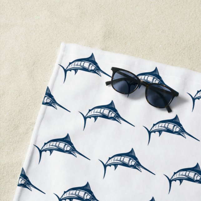 Illustrated Blue Swordfish Pattern Beach Towel (In Situ)