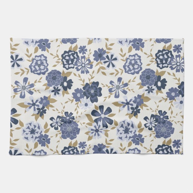 Illustrated Blue Vector Botanical Flowers Vines Tea Towel (Horizontal)