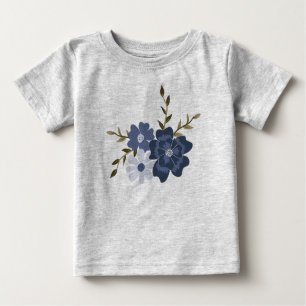  Illustrated Blue Vector Flowers Vines Botanical Baby T-Shirt