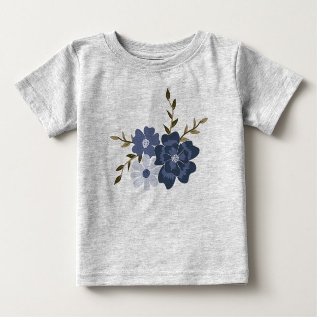  Illustrated Blue Vector Flowers Vines Botanical Baby T-Shirt (Front)