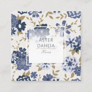 Illustrated Blue Vector Flowers Vines Square Business Card